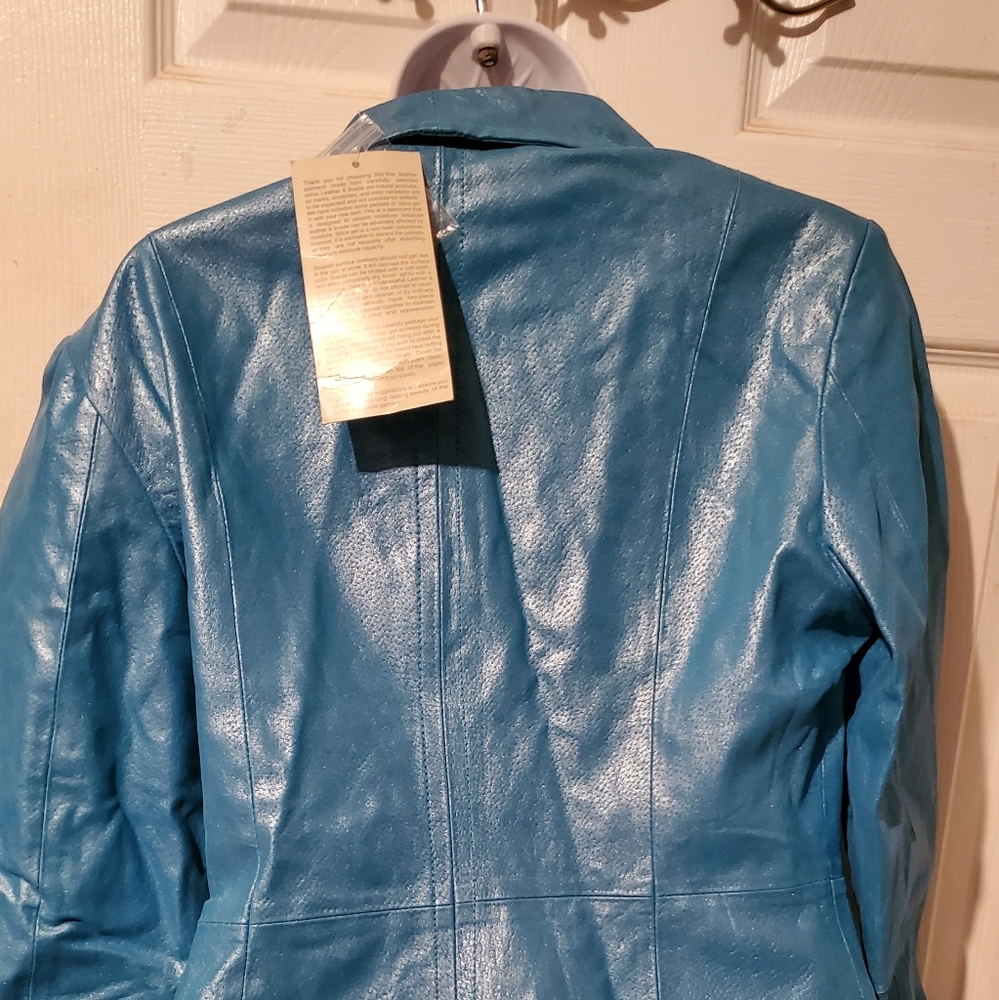 Blueish/green fuax leather 3/4 sleeve jacket. NWT